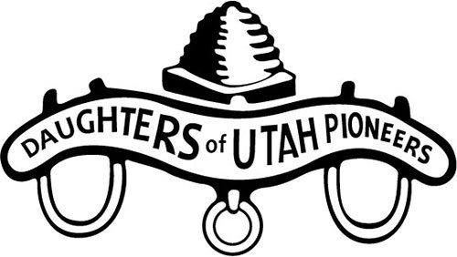 "Daughters of Utah Pioneers" logo, black and white yolk, beehive