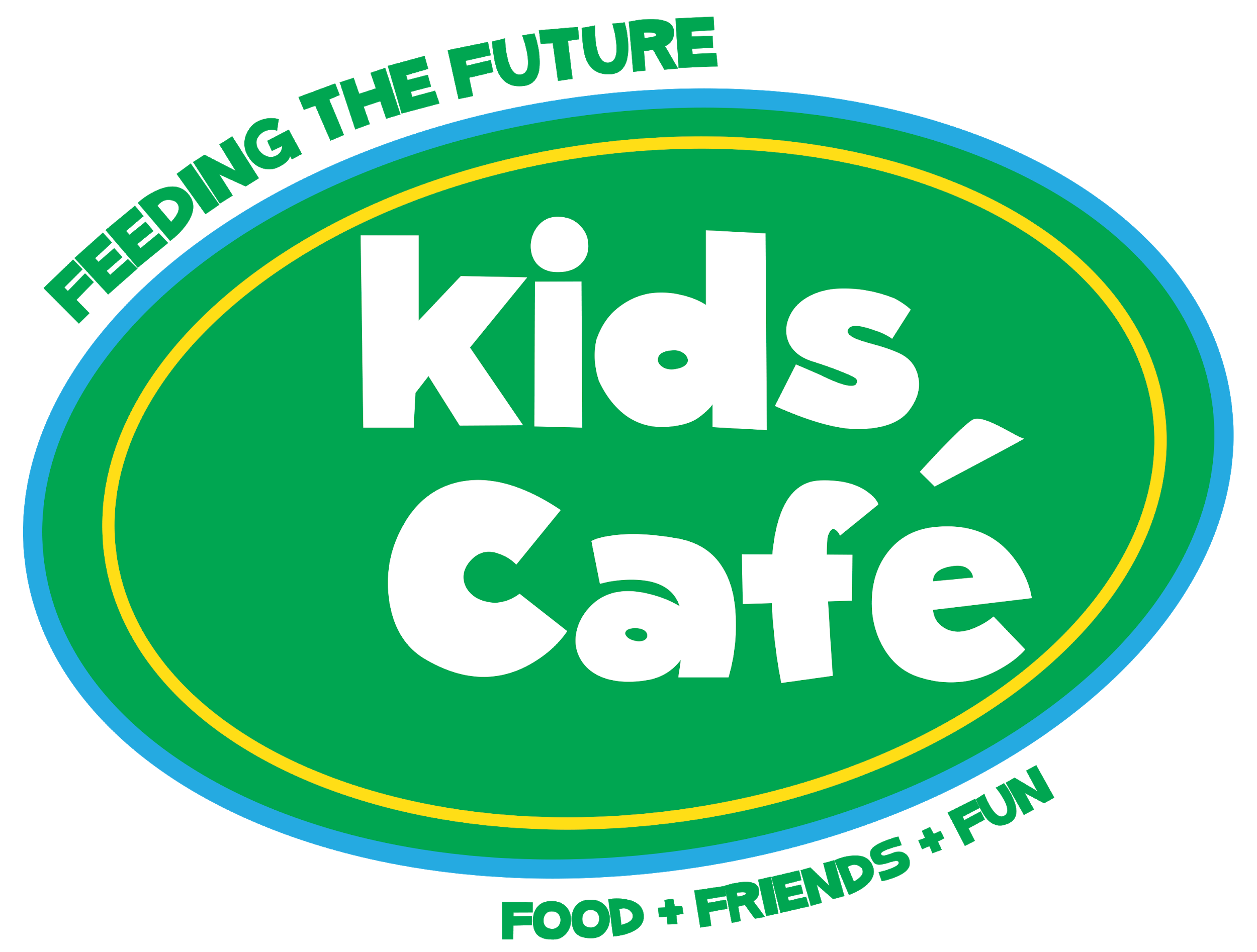 "kids Cafe" logo, white text on green oval, "FEEDING THE FUTURE", "Food Friends Fun", green text