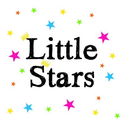 "Little Stars" white background, small pink blue yellow green purple stars, yellow crowns