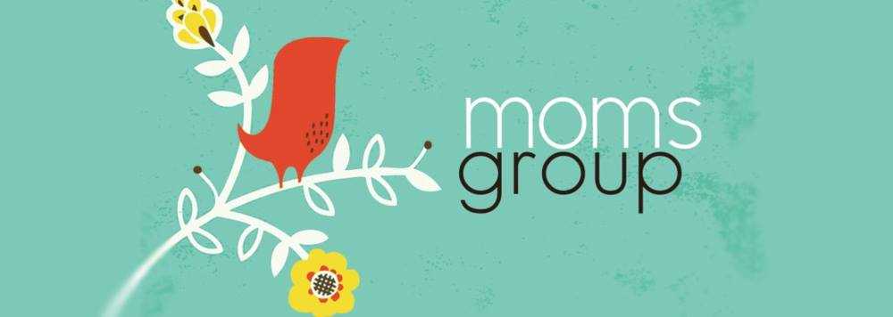 "moms group" teal background, white branch, yellow flowers, red bird