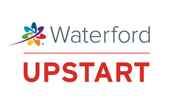 "Waterford UPSTART" logo, white background, rainbow atom, red line, gray and red text