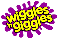 "wiggles 'n giggles" yellow text on purple splat