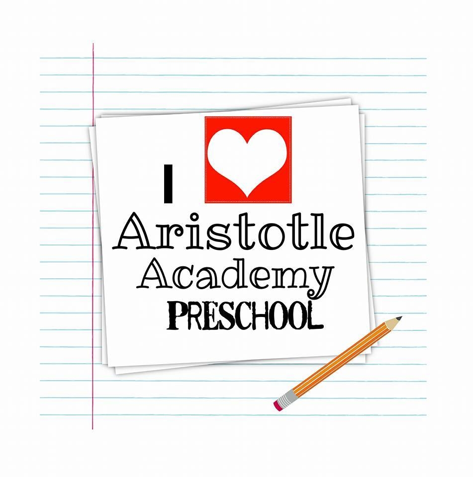 "I ♥ Aristotle Academy Preschool" Red heart stencil, white card on notebook paper with pencil