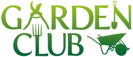 "Garden Club" logo, green gradient text, open shears silhouette for A, pitchfork silhouette for L, shovel silhouette for N, wheelbarrow silhouette