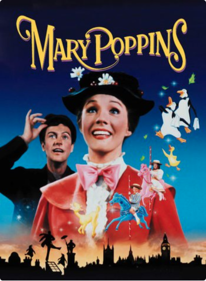 "Mary Poppins" movie poster; woman in red coat and black hat with flowers, man tipping hat behind her, children on blue and pink horses, animated penguins and duck, London silhouette