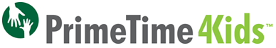 "PrimeTime 4Kids" Logo, Gray and lime green text, white hands silhouetted in dark green circle