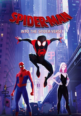 "SPIDER-MAN INTO THE SPIDER-VERSE" Cityscape background, classic blue-and-red Spiderman, woman with spider mask and black jumspsuit, black-and-red Spider-man leaping at screen