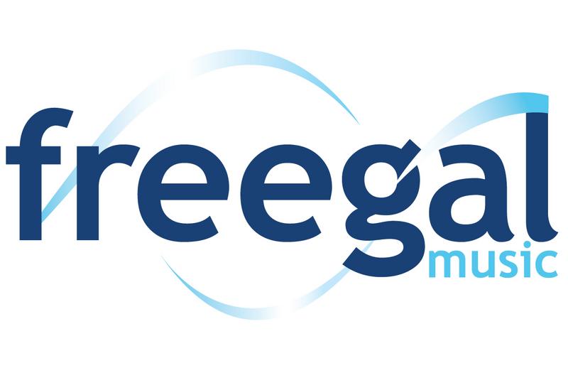white background, dark blue text: "freegal" light blue text: "music" ombre blue spiral ribbons