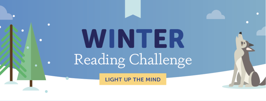 Blue sky background with clouds, white snowy foreground, green pine trees, howling gray wolf, pale blue bookmark icon top and center, blue text: "WINTER Reading Challenge", yellow box around blue text: "LIGHT UP THE MIND"