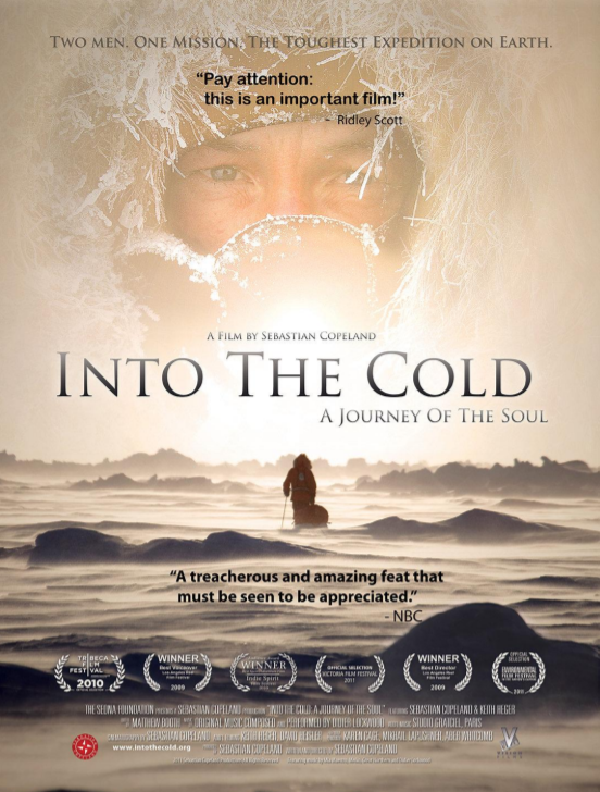 Movie poster. Pale grey/pink background. Upper portion shows man in fur coat, face partially obscured by book. Lower portion shows icy wasteland with a lone figure trudging away from the camera. Blue text: "Into the Cold"