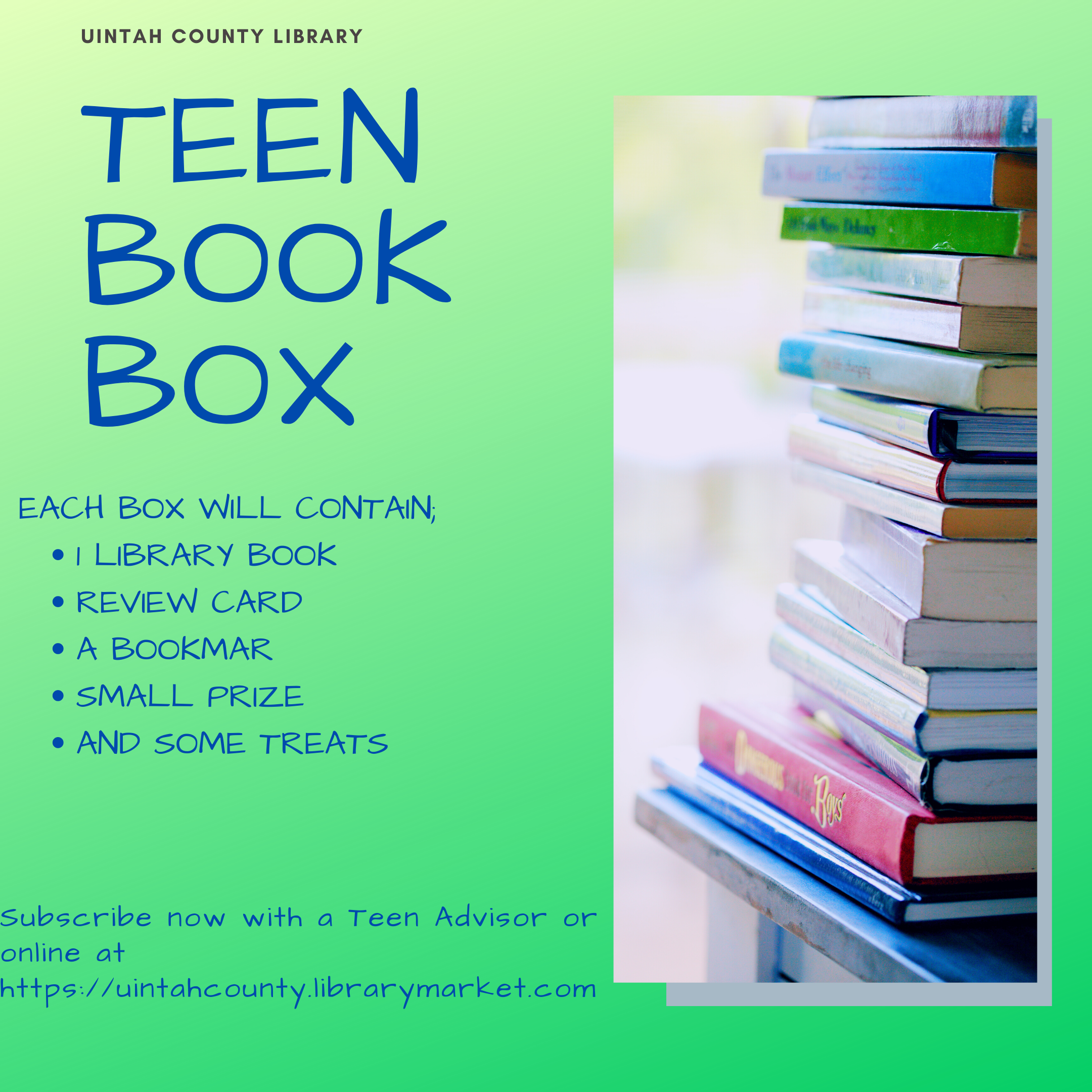 Teen Book Box in blue letters, green background and image of books. 