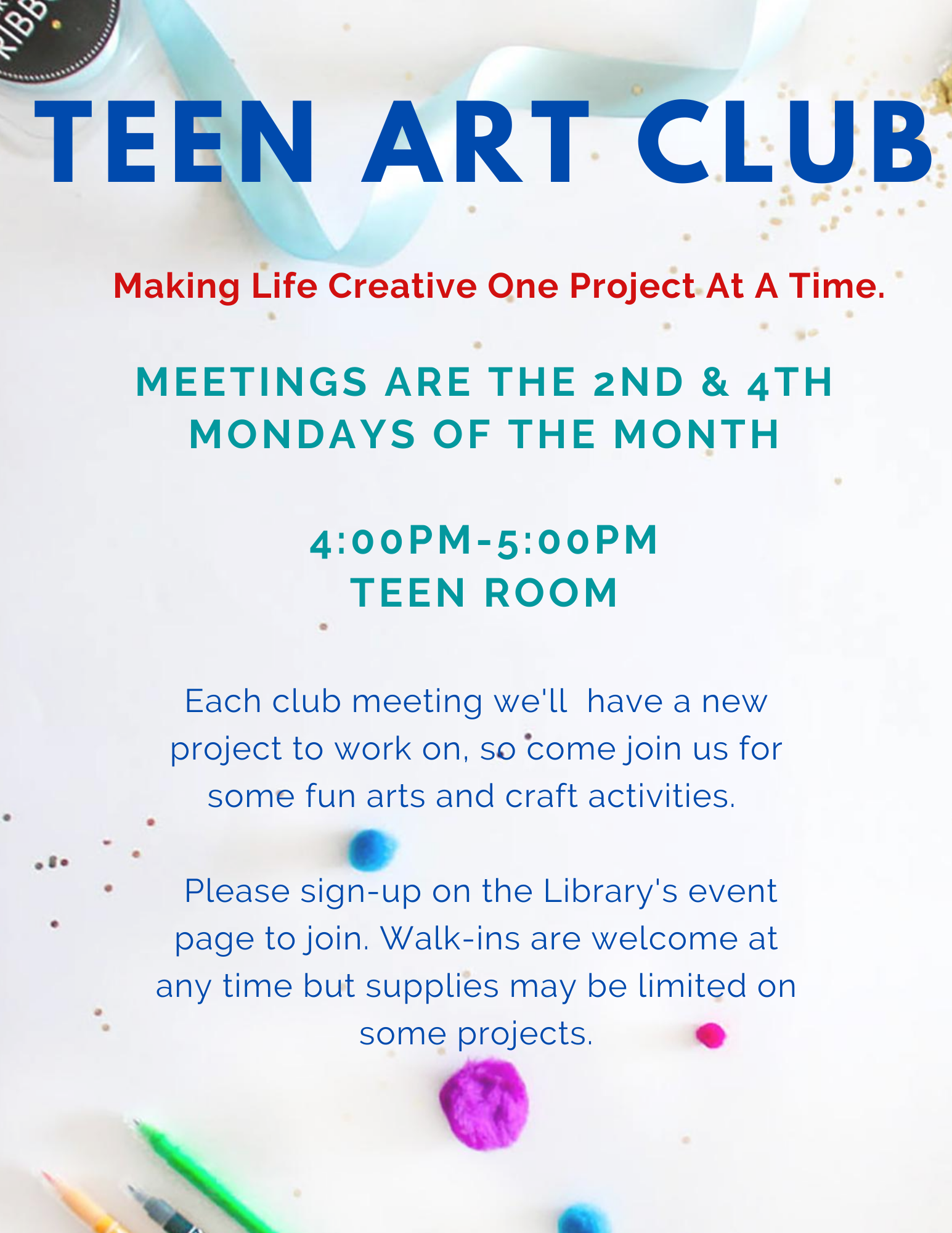 Teen Art Club in blue with crafts supplies in the background