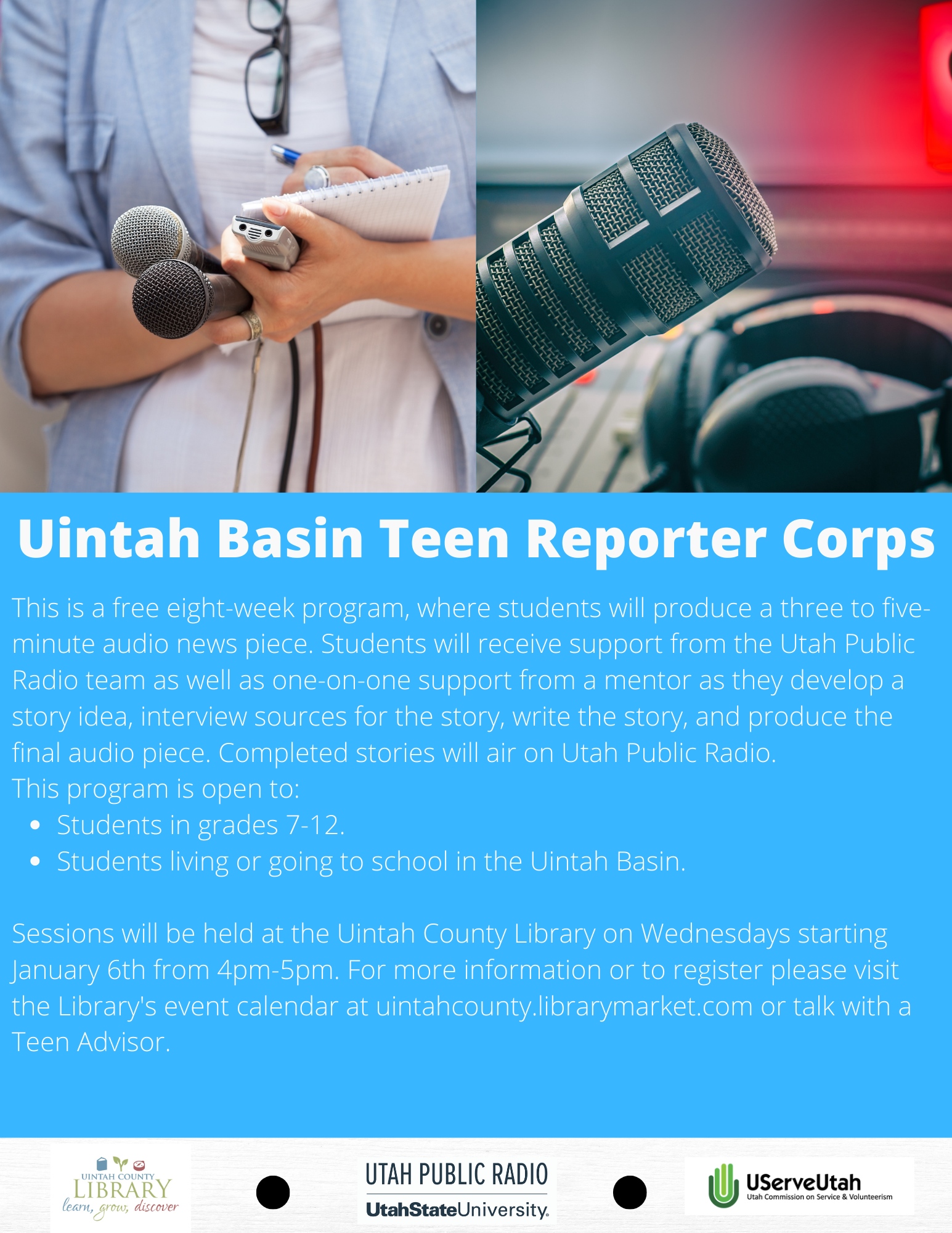 Blue background with Uintah Basin Teen Reporter Corps in white. Information text in white as well. Same information as in the description. 