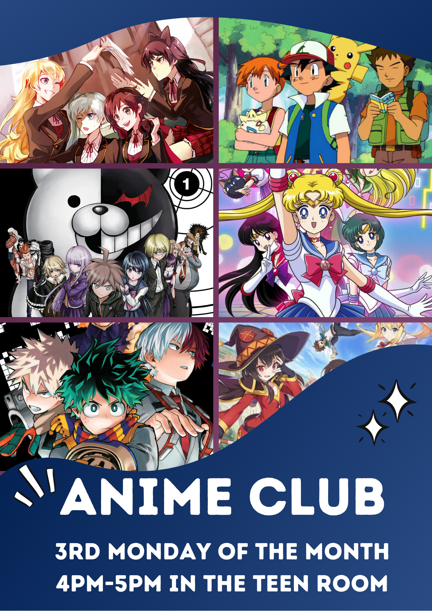 Anime Club in white with blue background. 