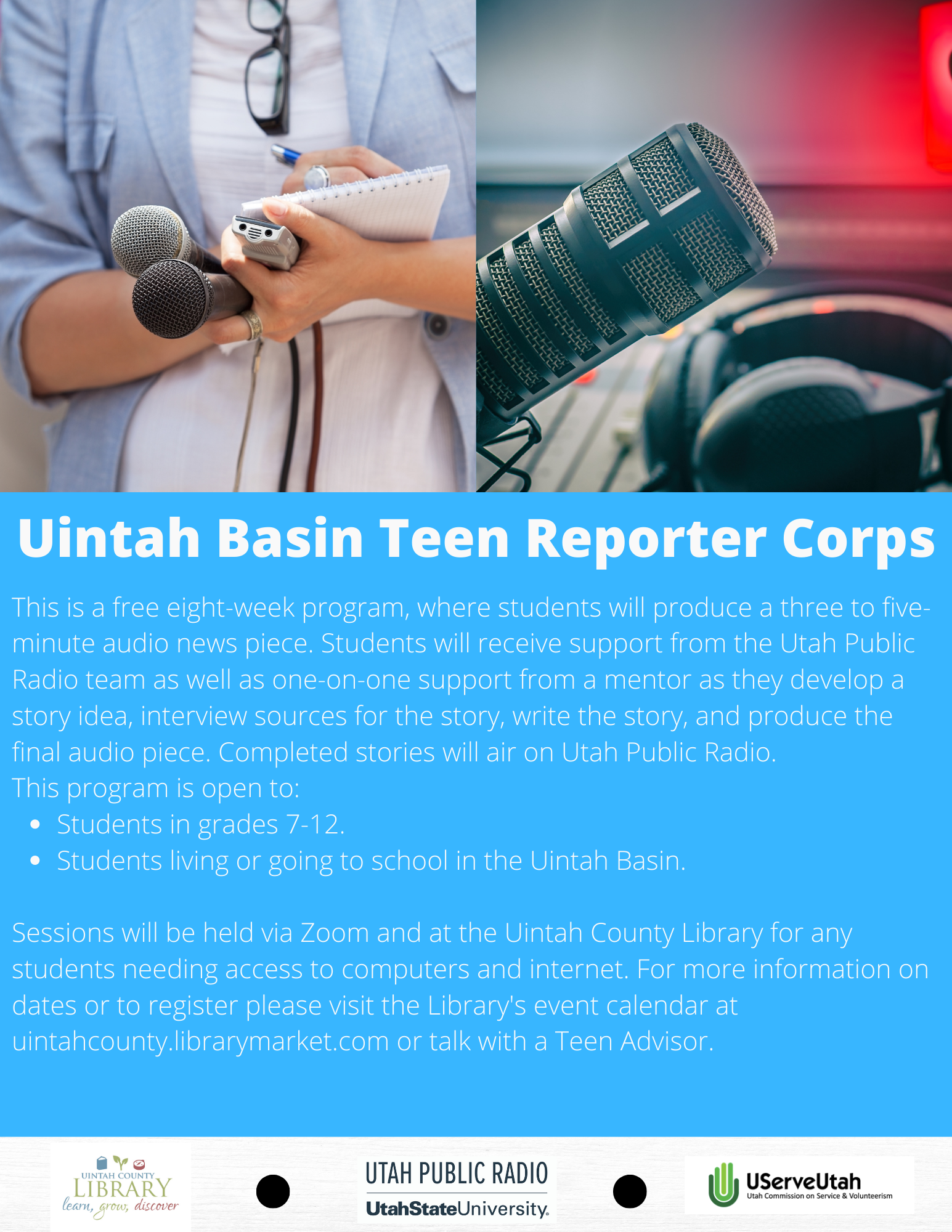 Blue background with Uintah Basin Teen Reporter Corps in white. Information text in white as well. Same information as in the description. 