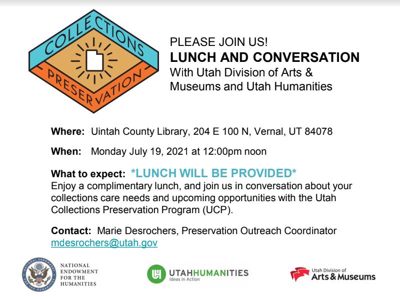 Enjoy a complimentary lunch, and join us in conversation about your collections care needs and upcoming opportunities with the Utah Collections Preservation Program (UCP).