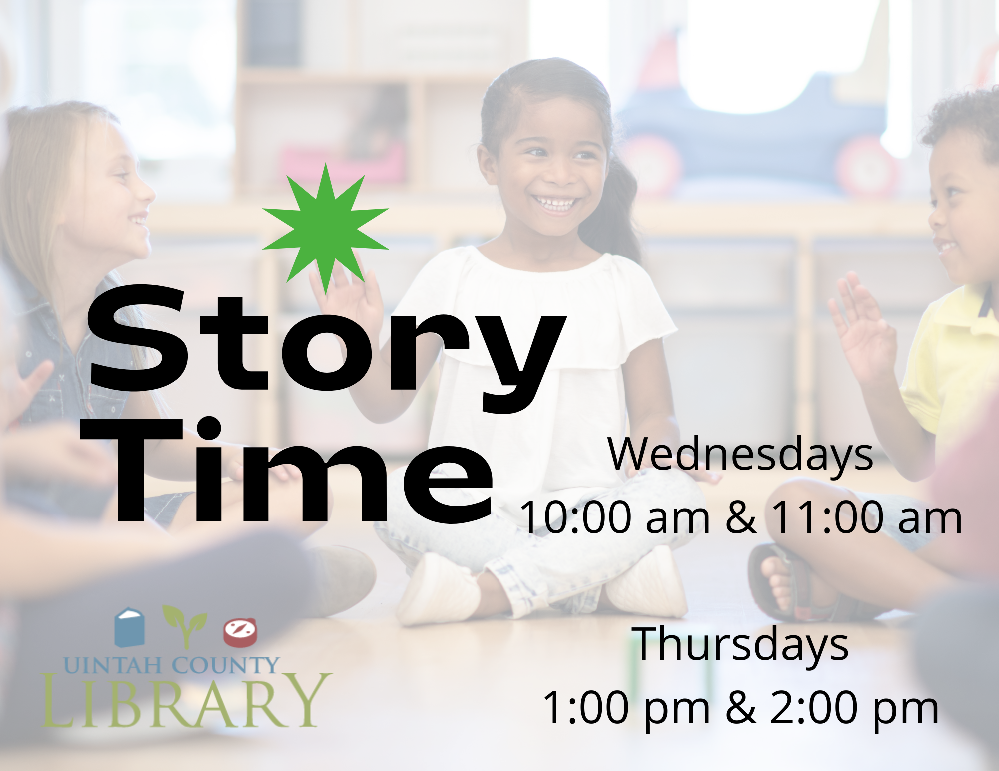 Story Time | Wednesdays  10:00 am & 11:00 am | Thursdays  1:00 pm & 2:00 pm