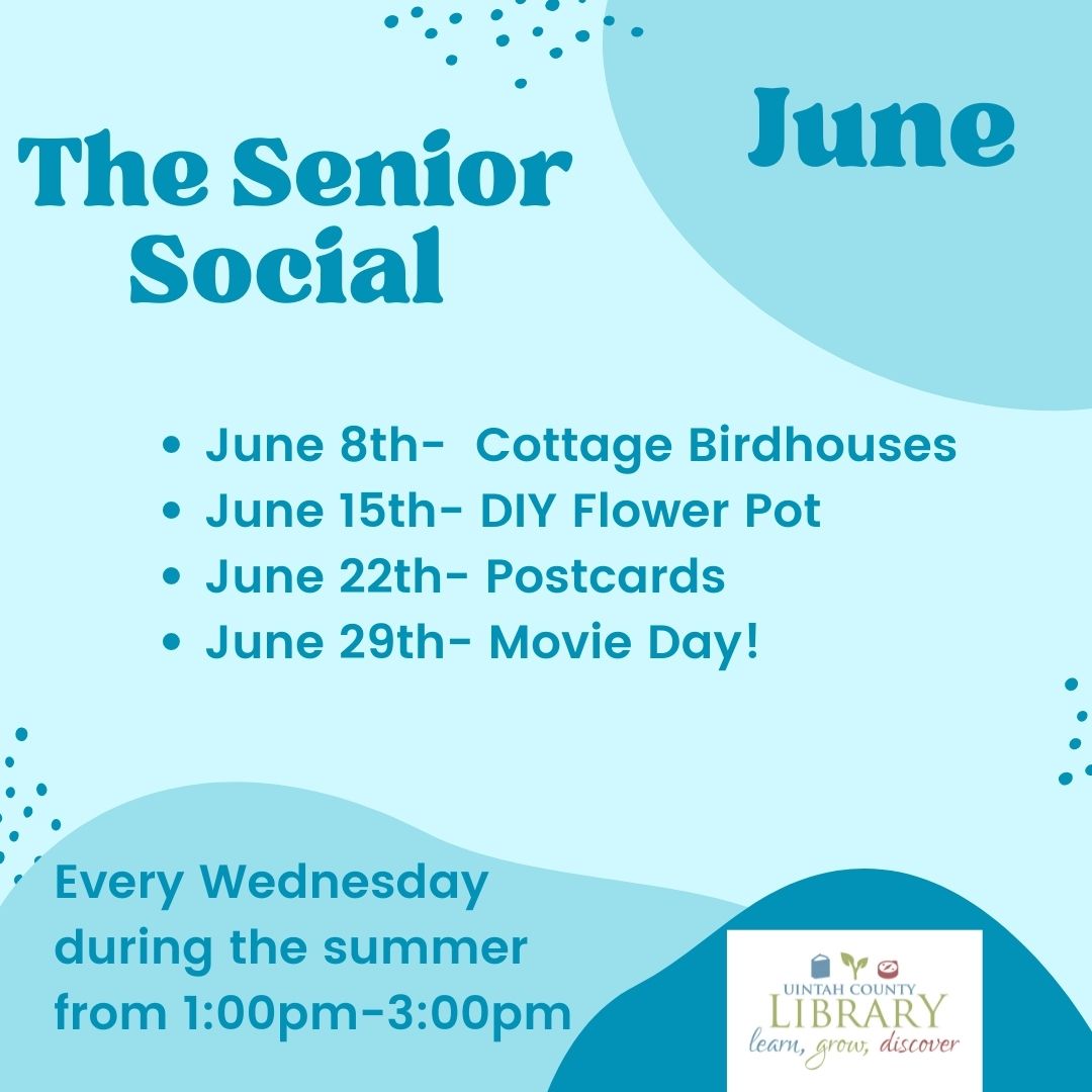 Multiple blue background with Senior Social as the title. List of activities and dates for June. 