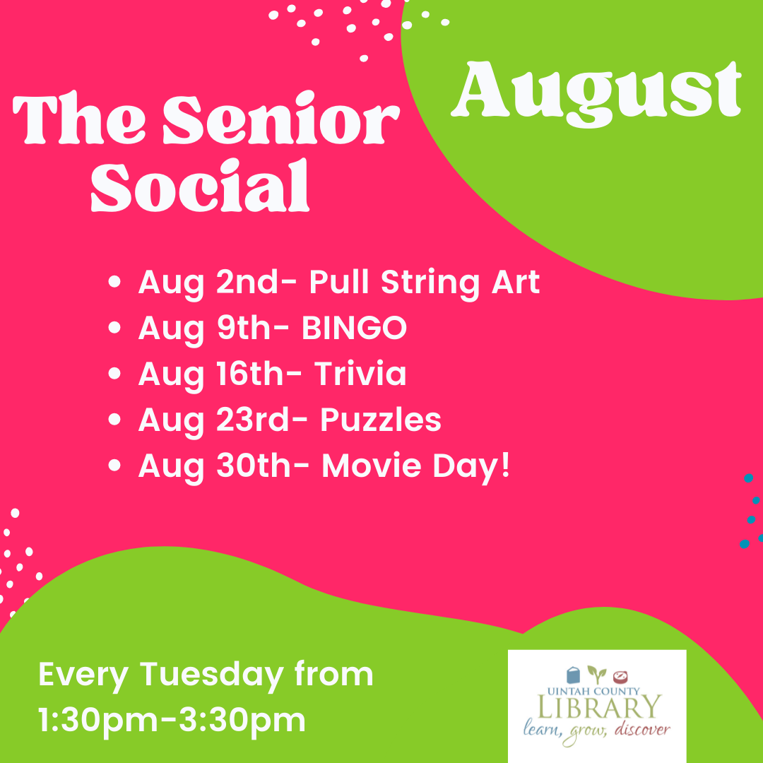 Pink and Green background with August Senior Social dates and activities