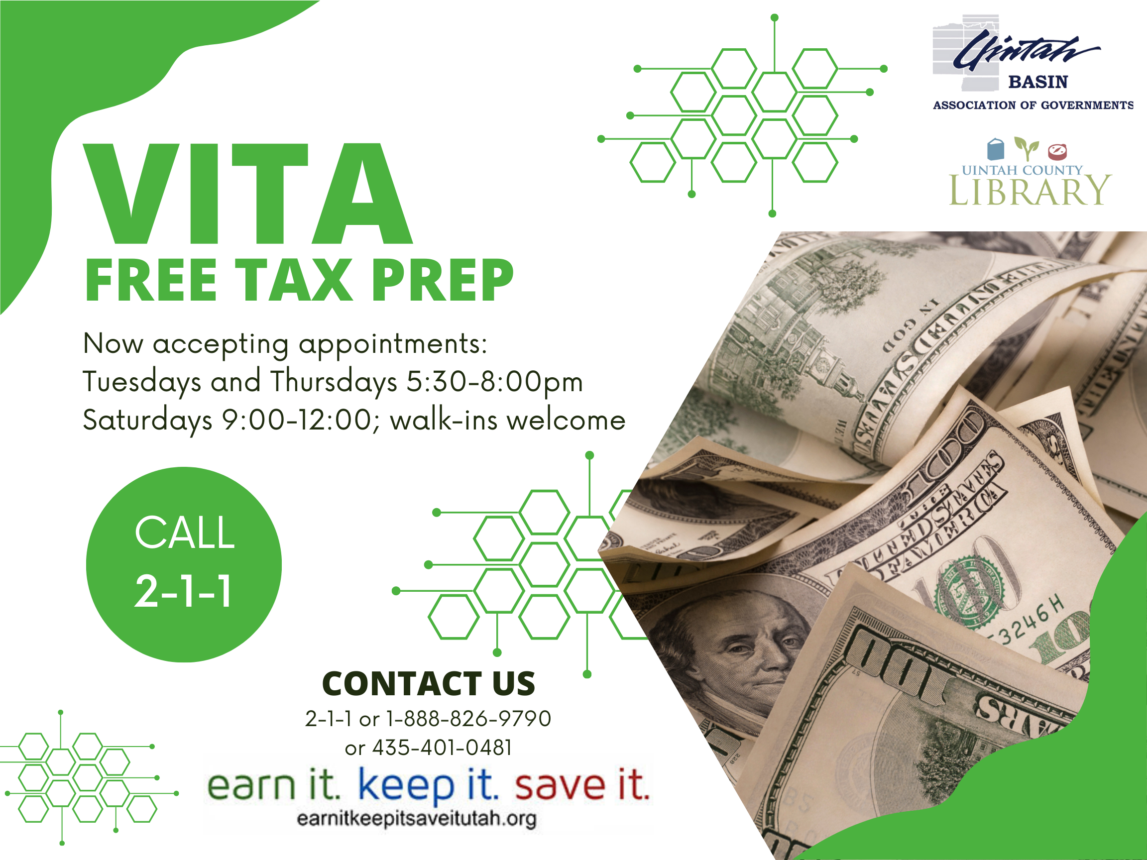 "VITA Free Tax Prep | Now accepting appointments: Tuesdays and Thursdays 5:30-8:00pm Saturdays 9:00-12:00; walk-ins welcome"