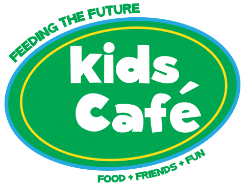 "kids Cafe" logo, white text on green oval, "FEEDING THE FUTURE", "Food Friends Fun", green text