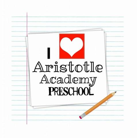 "I ♥ Aristotle Academy Preschool" Red heart stencil, white card on notebook paper with pencil