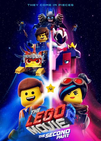 "They come in Pieces   The Lego Movie 2   The Second Part" Lego Batman, Lego Benny, Lego Metalbeard, Lego Rex Dangervest, Lego Queen Watevra Wa'nabi, Lego Ultrakatty, Lego Lucy, and Lego Emmet; smiling shiny yellow star