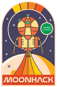 Patch with rounded top; red and yellow spaceship landing on the moon; yello, orange, and red stripes; green circle "code club"; red panel on bottom "MOONHACK"