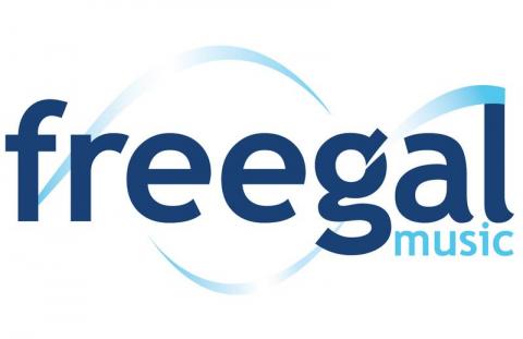 white background, dark blue text: "freegal" light blue text: "music" ombre blue spiral ribbons