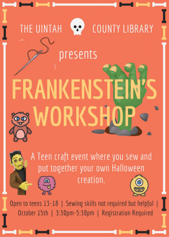 Orange background with yellow letters. Frankenstein image and have with silly monsters. 