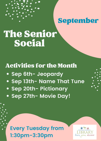 Green background with peach round shapes in the corners. White lettering with Senior Social activities listed. 