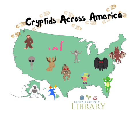 Different cartoonish cryptids on a plain green USA shape