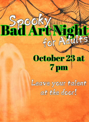 Spooky Bad Art Night information on an orange background. A faded ghost is in the left third of the page and the top has a black spider web