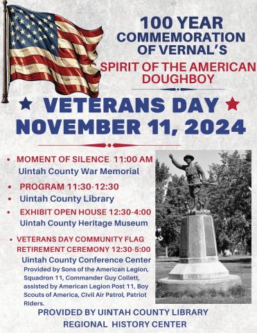 Details of the event. An American flag is pictured in the top left corner. The Doughboy statue is pictured in the bottom right corner.