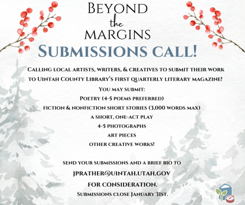 Event title and basic information is centered on the square page. In the empty space on the bottom are water color pine trees, and framing the title are red berry branches, also in watercolor