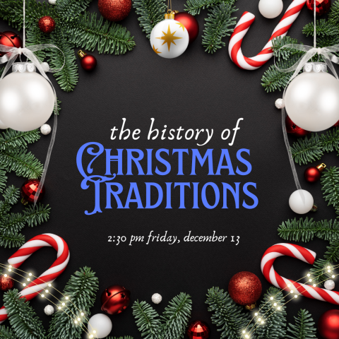 Title and date of the event on black, surrounded by a Christmas wreath decorated in candy canes and ornaments