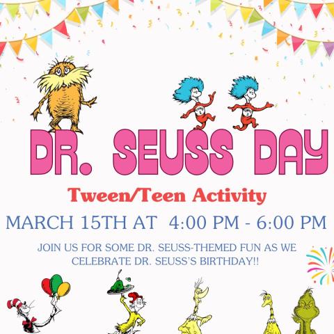 Teen Dr. Seuss Day activities on a white background with different Seuss characters running around the page