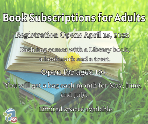 Book bag information in white text on a background of a book lying open in the grass. 