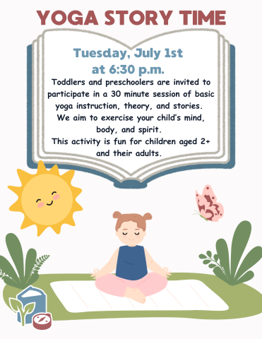 a cartoon child sits in the grass with a white yoga mat. The information of the event is typed over the image of an open book above the child.