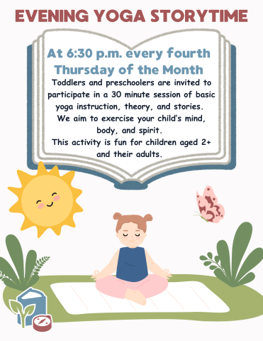 a cartoon child sits in the grass with a white yoga mat. The information of the event is typed over the image of an open book above the child.