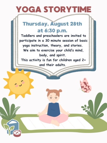 a cartoon child sits in the grass with a white yoga mat. The information of the event is typed over the image of an open book above the child.