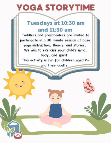 A child sits on a yoga mat outside. Above them, written on a book, is the information about the event.