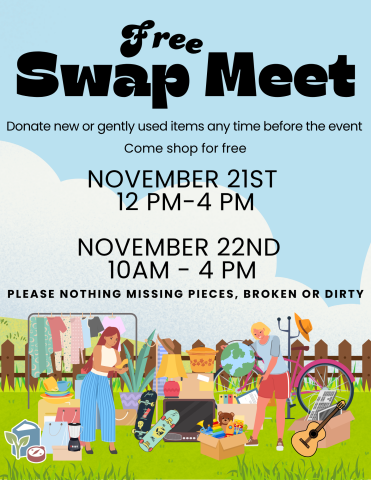 Blue sky, clouds, outdoor yard sale background scene. Black text in foreground of sky and clouds.