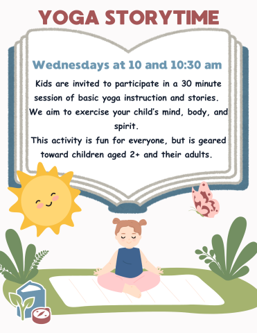 A child sits on a yoga mat outside. Above them, written on a book, is the information about the event.