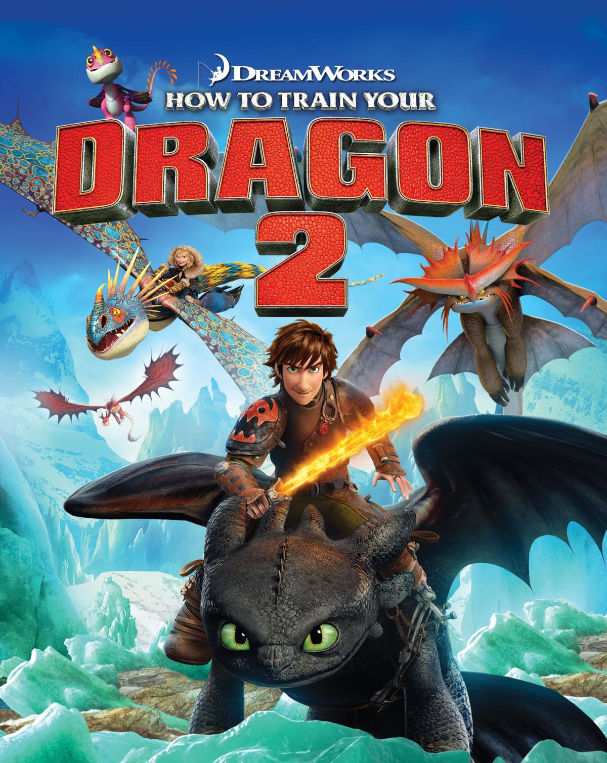 "DREAMWORKS   HOW TO TRAIN YOUR DRAGON 2" Pink baby dragon on "DRAGON", two flying red dragons, blond girl riding flying blue dragon, man in black armor with flaming sword riding black dragon