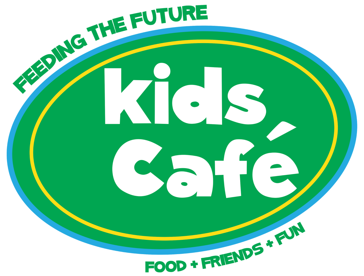 "kids Cafe" logo, white text on green oval, "FEEDING THE FUTURE", "Food Friends Fun", green text