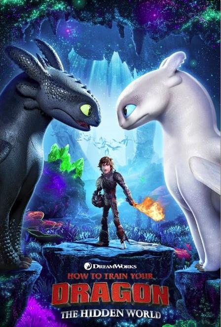 "DreamWorks  How to Train Your Dragon   The Hidden World" Mystical underground utopia with crystals and glowing plants, flying dragon silhouettes in background, armored man with peg-leg and flaming sword, Night Fury and Light Fury (dragons) staring at each other