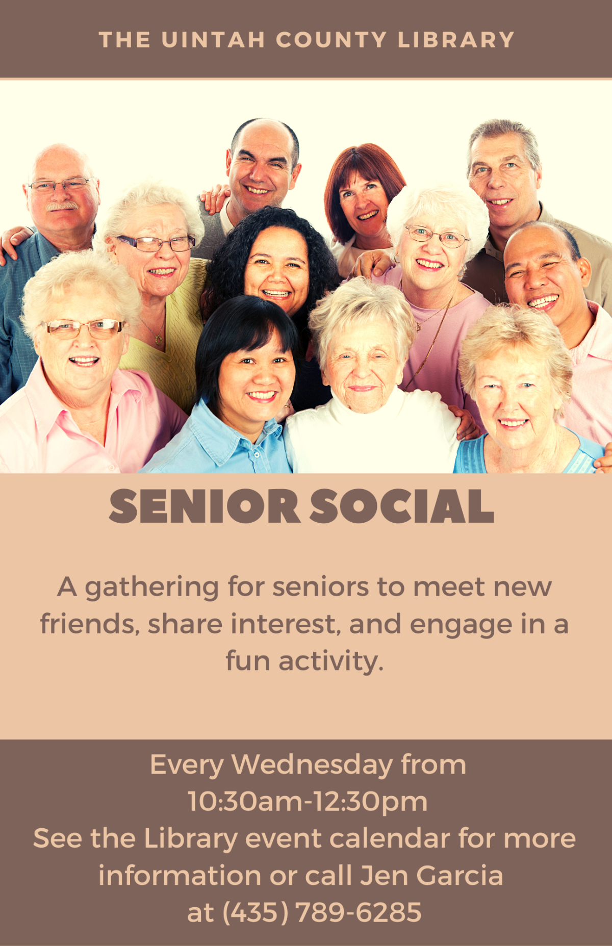 Light brown background with dark brown lettering for Senior Social. Images of a group of seniors in the heading. 