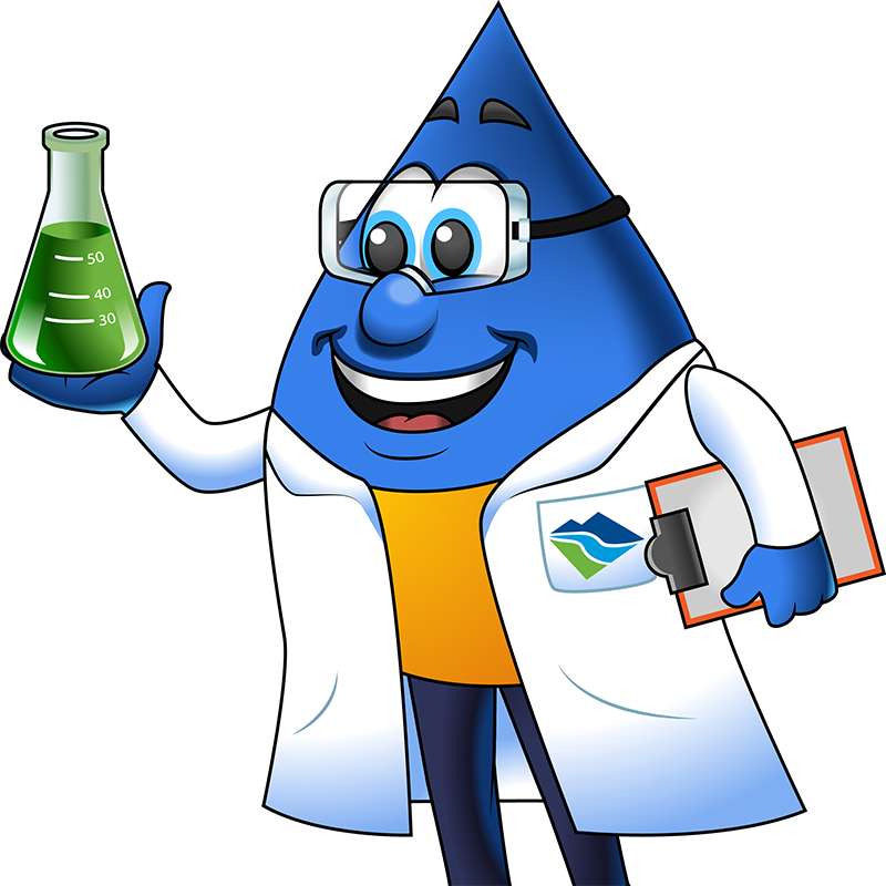 Grinning water droplet wearing yellow shirt, blue jeans, white lab coat with CUWCD logo, and goggles, holding a clipboard in one hand and a beaker of green liquid in the other.