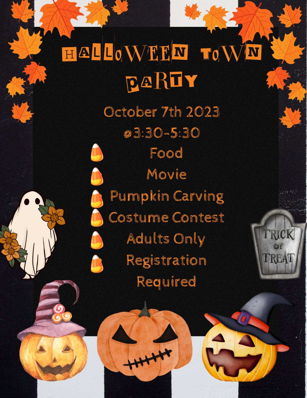 Flyer with details of the event in a Halloween and Fall theme